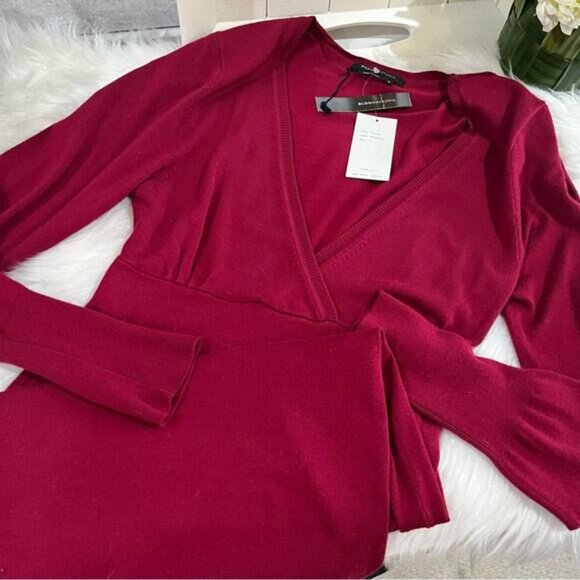 NEW BCBGMAXAZRIA Belted Tailored Plunge Midi Sweater Dress Crimson Red Small NWT - Picture 9 of 15